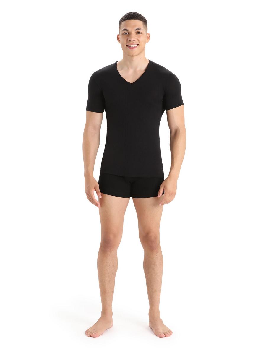 Black Men's Icebreaker Merino Anatomica Short Sleeve V Neck T-Shirt Underwear | USA 1295XYUF